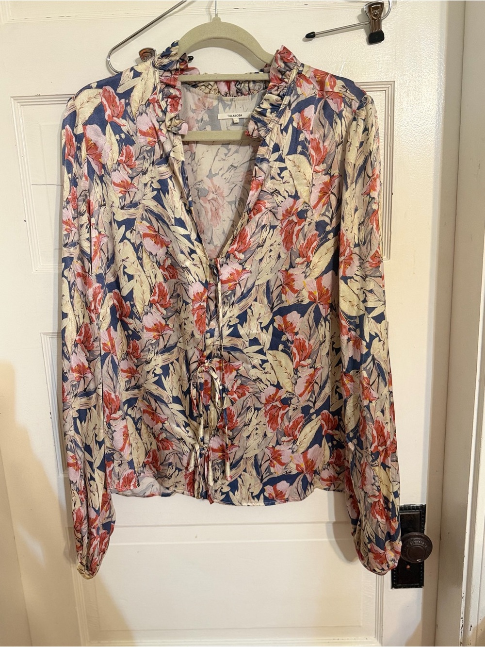 Tularosa Navy, Cream & Pink Floral Ruffle Tie-Neck Blouse - Picture 2 of 9